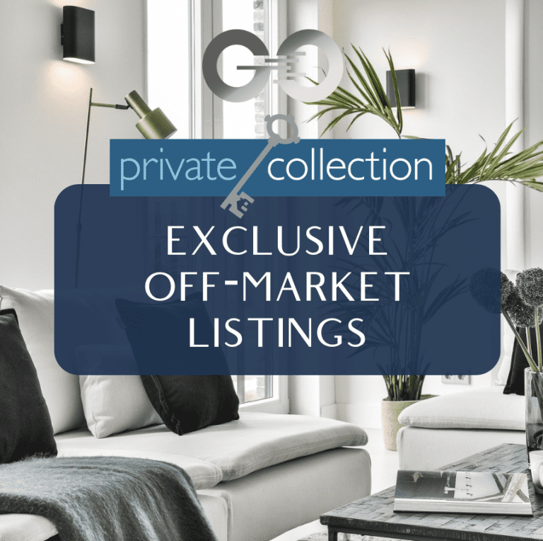 living room with couch and light text overlay that says "Exclusive Off-market litings"